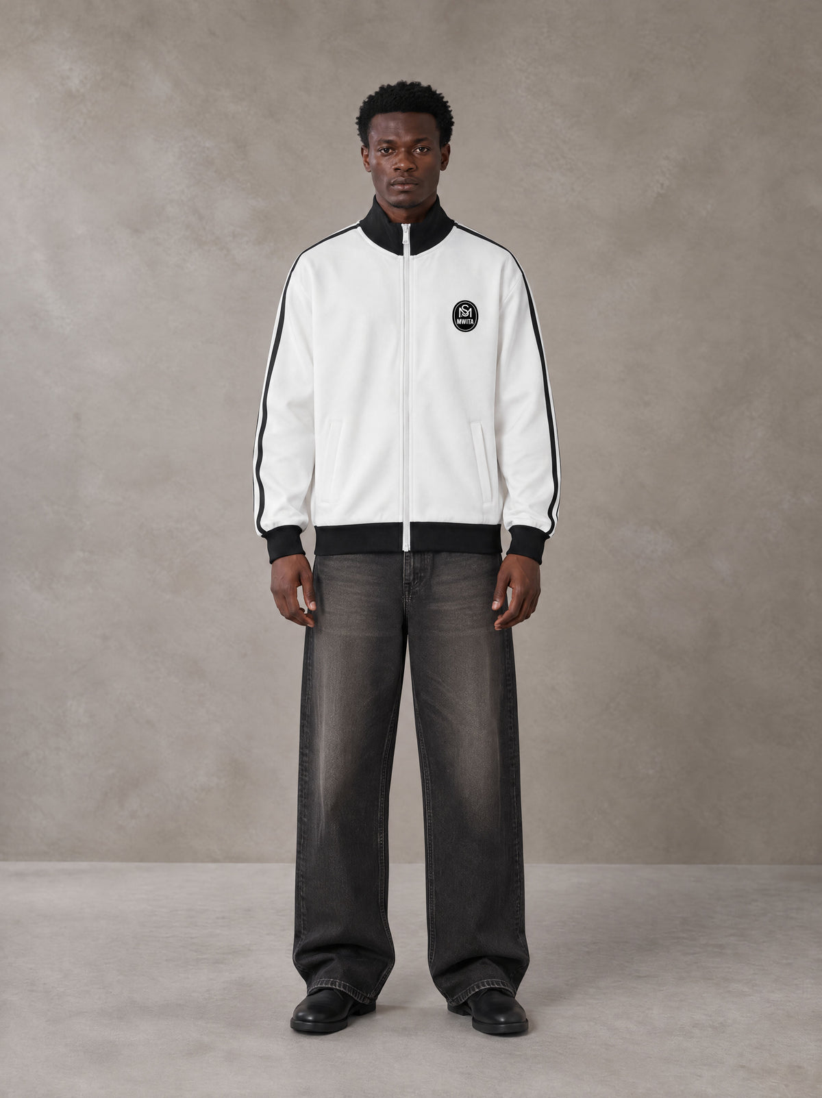 Model wearing the SM Insignia Contrast Trim Jacket in Lucent White, front view.