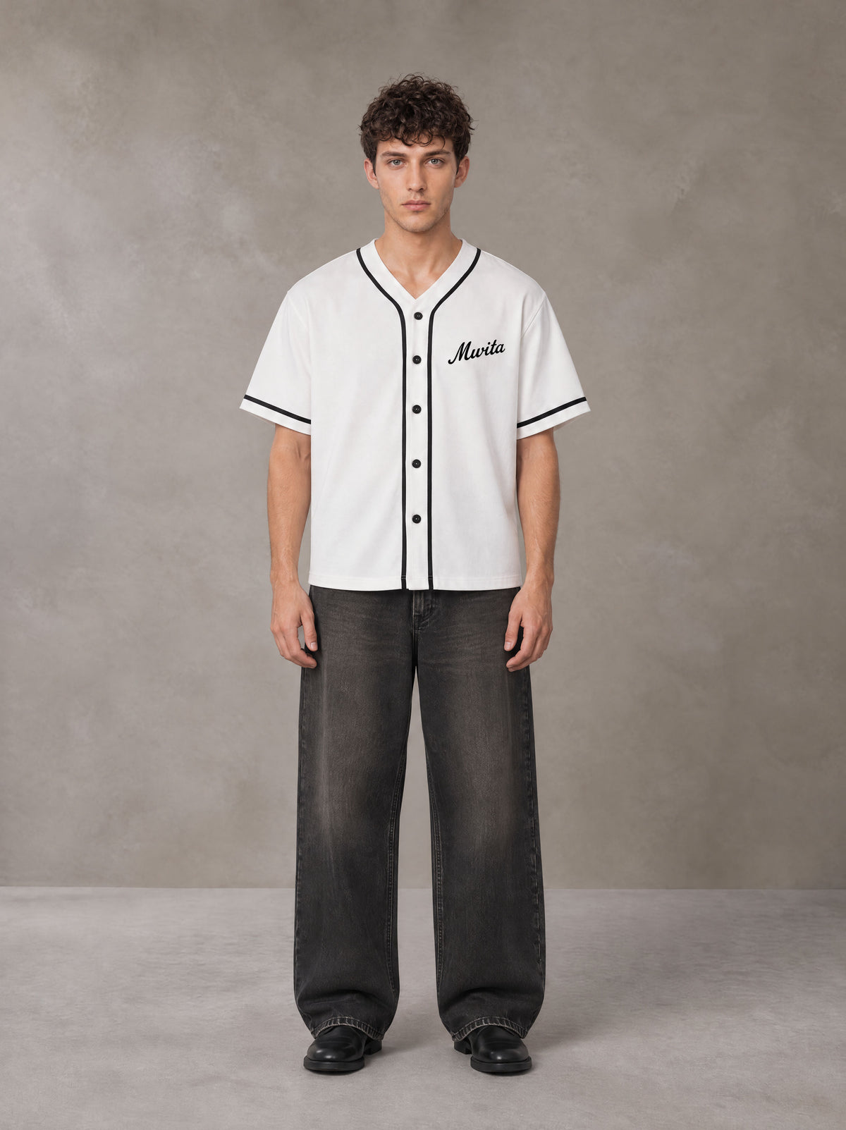 Model wearing the SM Dugout Atelier T-shirt in Lucent White, front view.