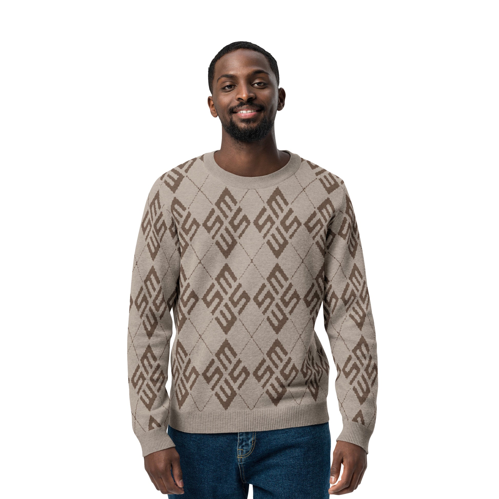 Model wearing SM Argyle Sweatshirt brown
