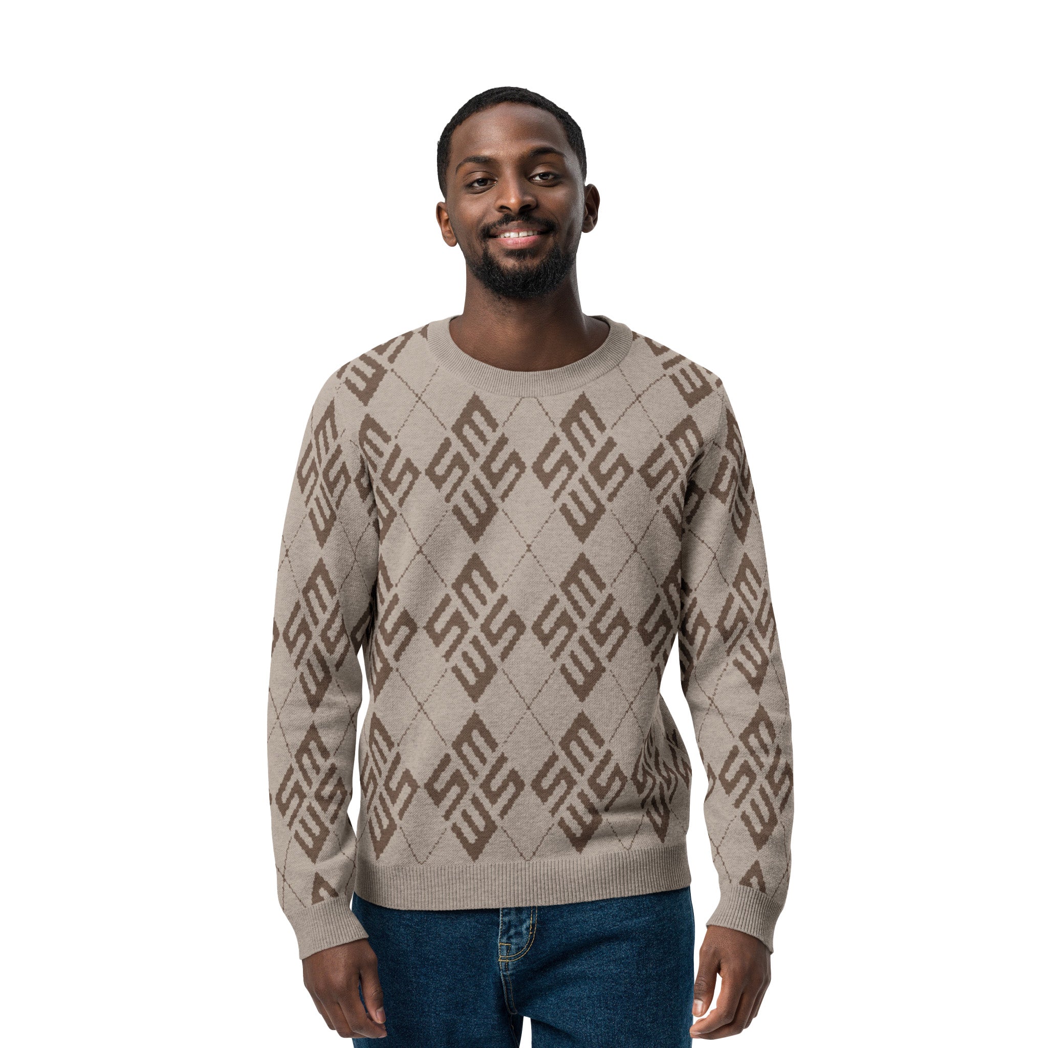 Model wearing SM Argyle Sweatshirt brown
