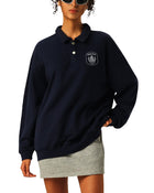 Model wearing SM Royal Emblem Sweatshirt navy