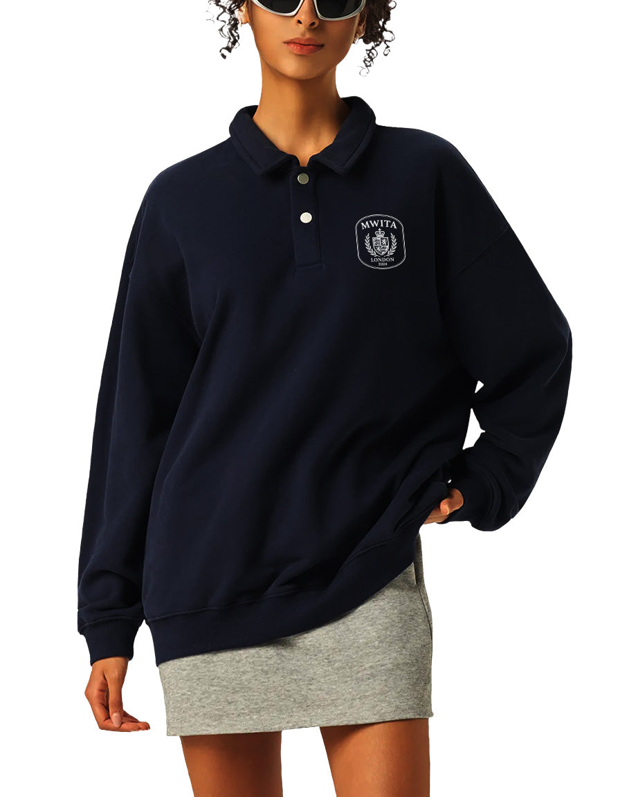 Model wearing SM Royal Emblem Sweatshirt navy
