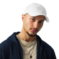 Model wearing SM Script Cap white