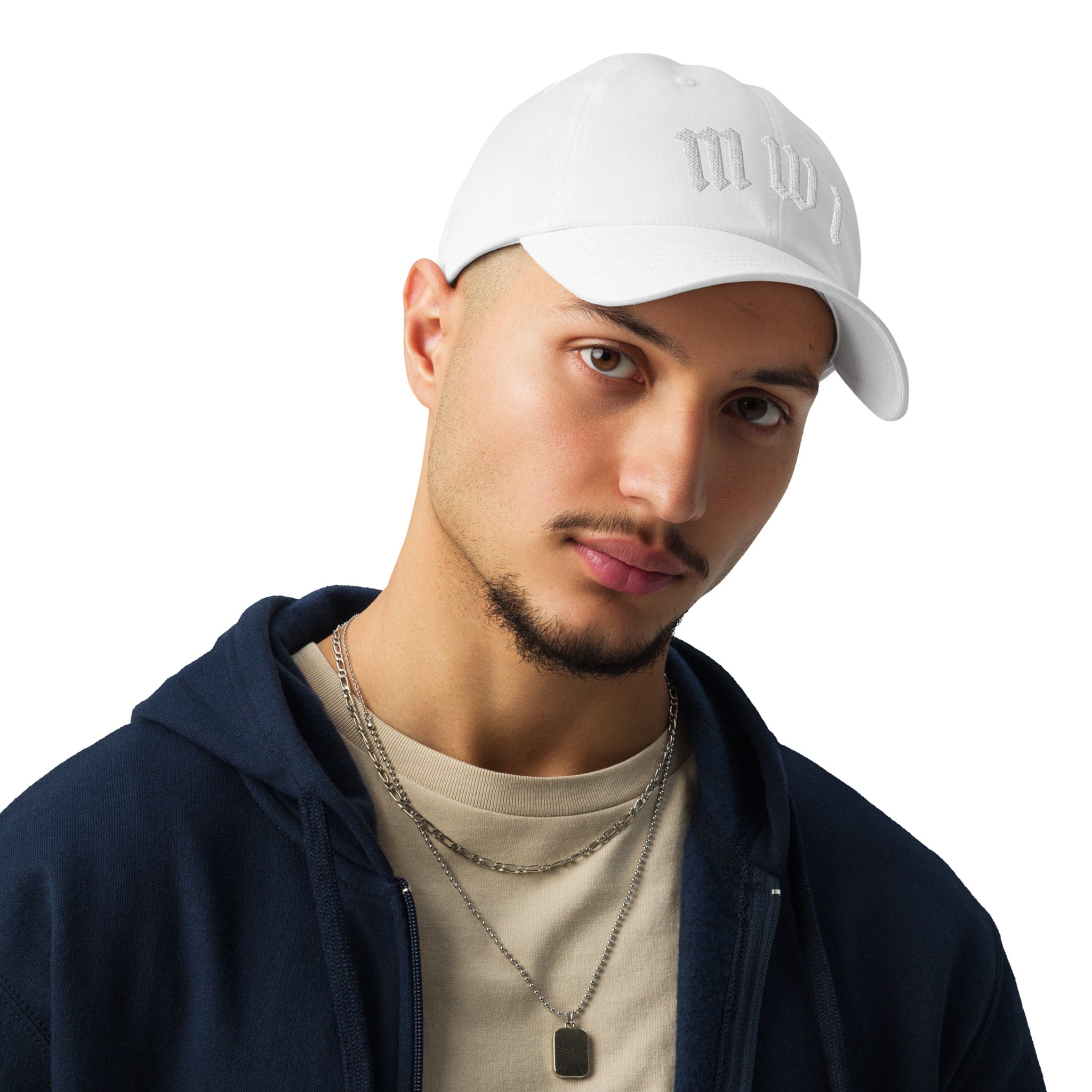 Model wearing SM Script Cap white