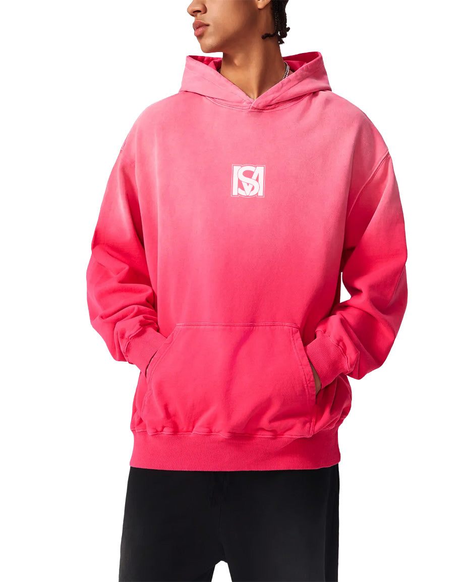 Model wearing SM Monkey Wash Hoodie pink facing sideways