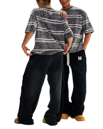 Models wearing SM Sig. Snow Washed Stripe T-shirt and SM Fleece Straight Leg Trousers