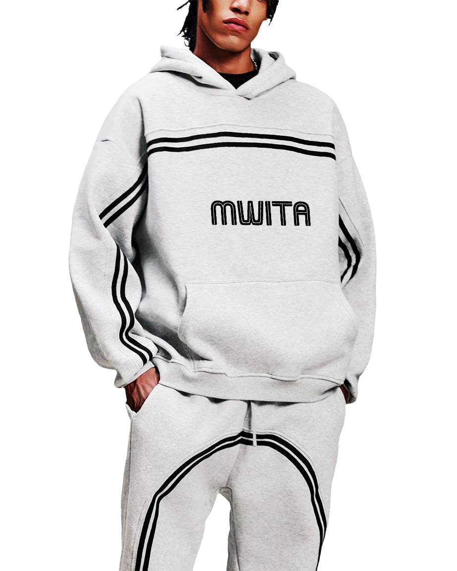 Model wearing SM Track Line Hoodie grey front