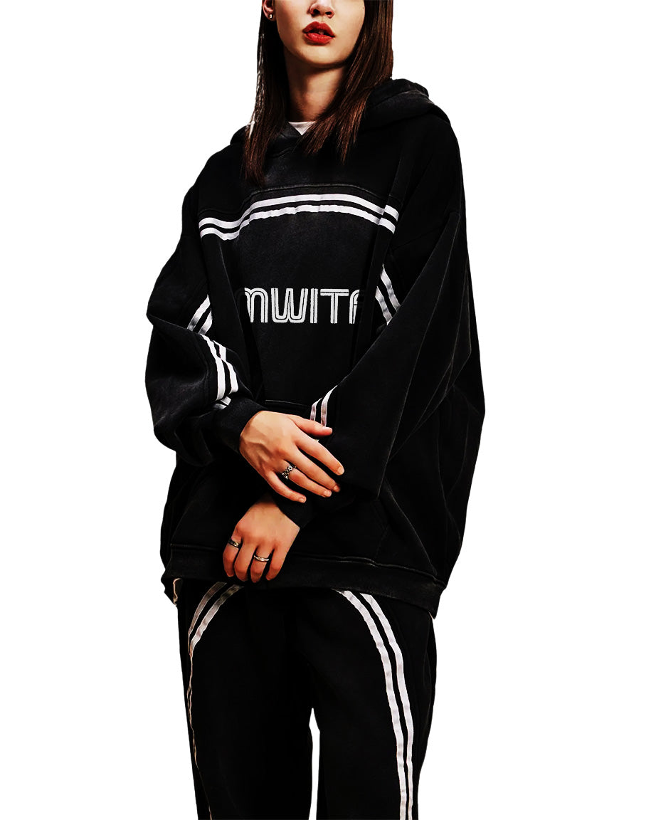 Model wearing SM Track Line Hoodie front
