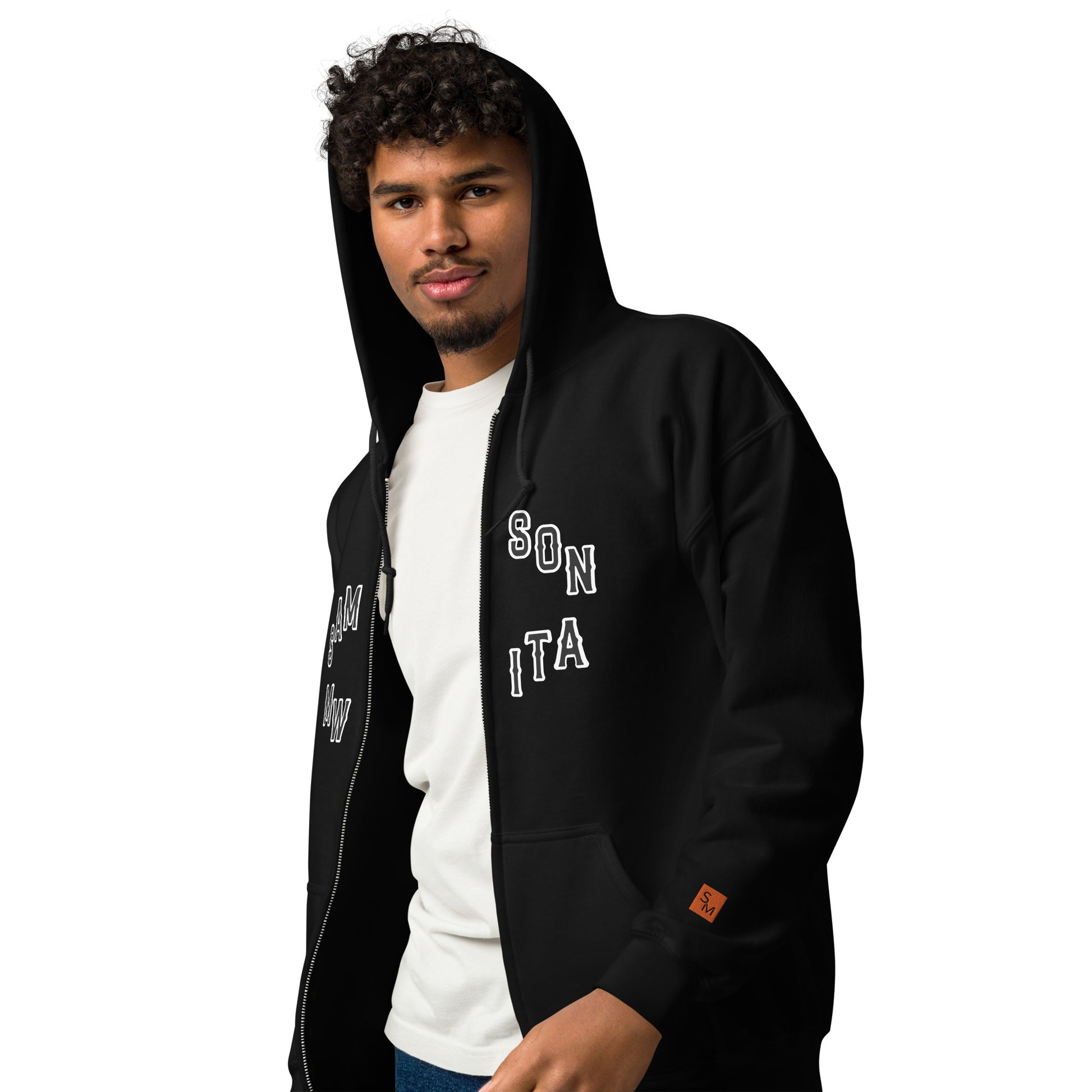 Model wearing SM Logo Hoodie front angled
