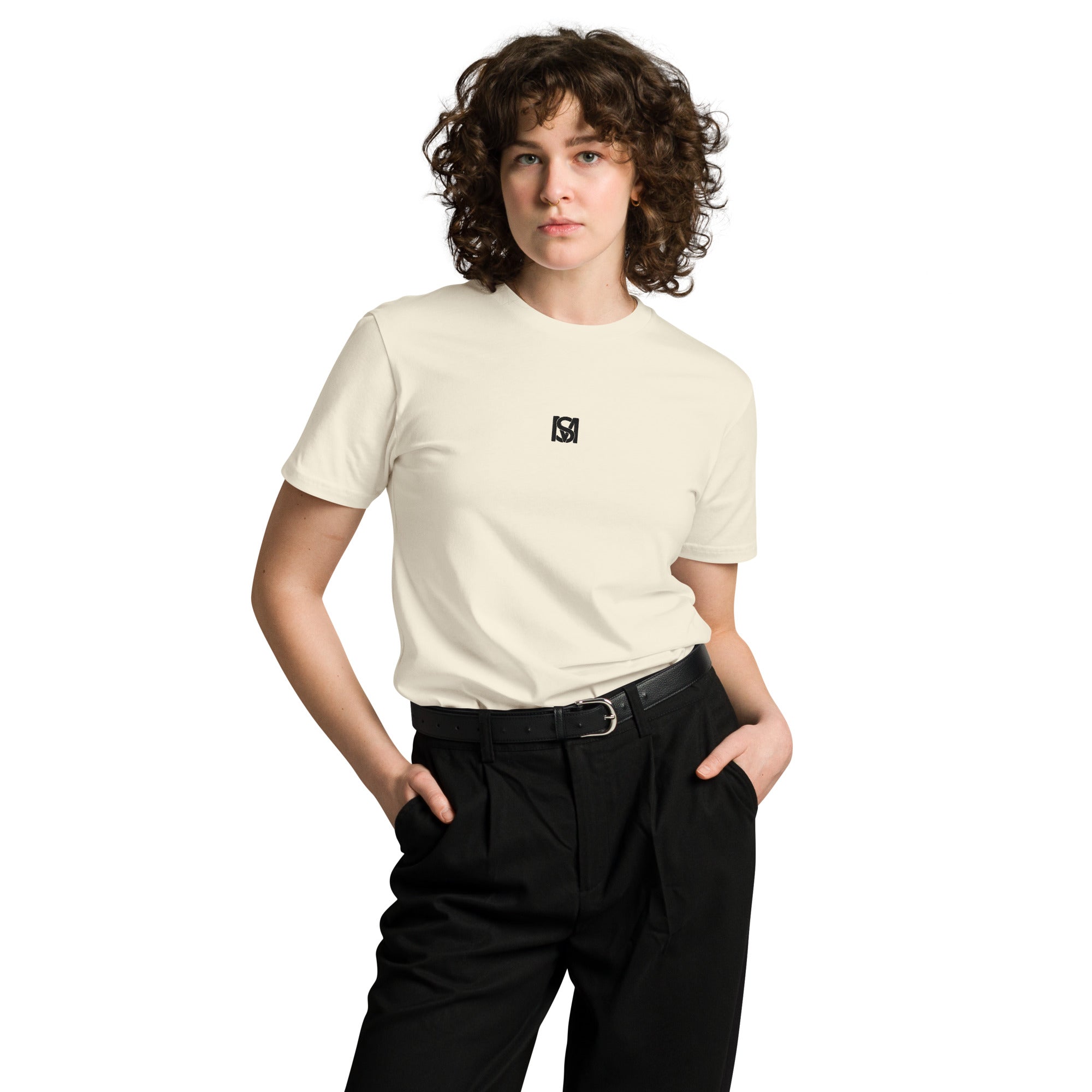 Model wearing SM Monogram T-shirt heather neutral front