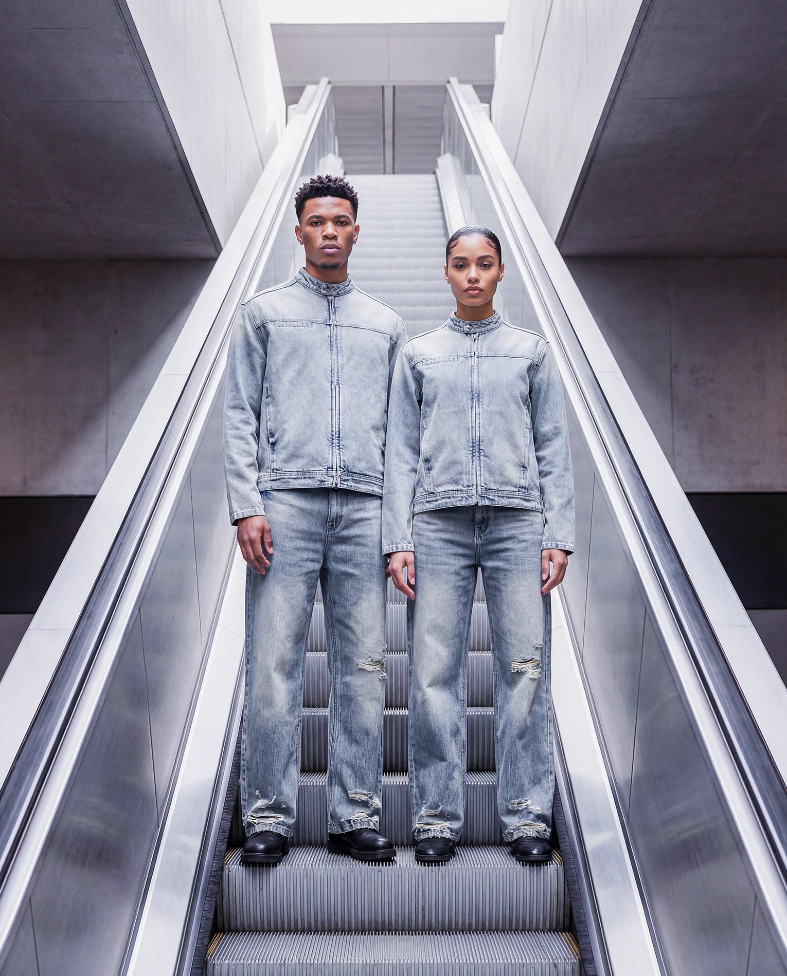 Hero - Two models wearing denim set on elevator.